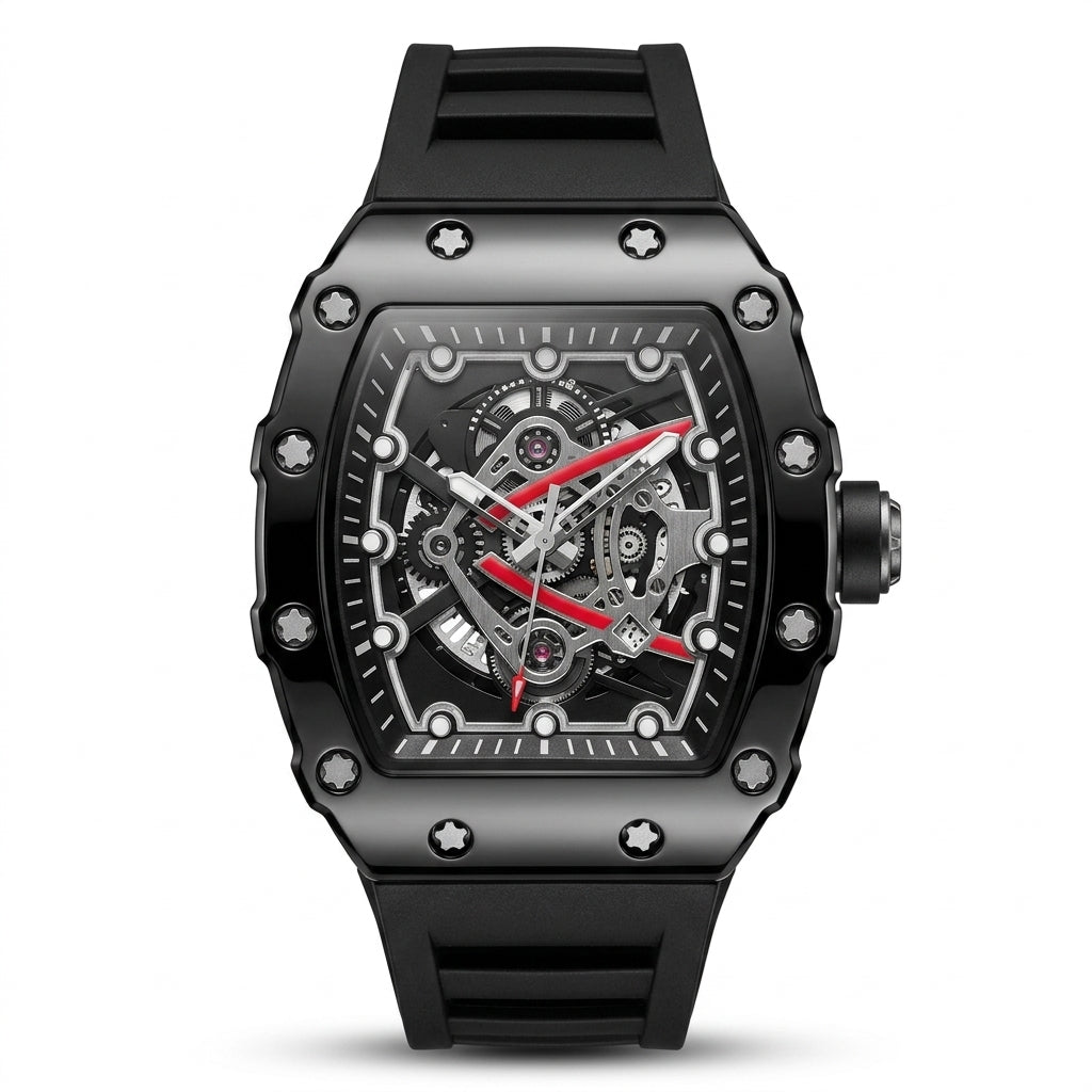 Apex Skeleton Black Edition luxury watch with black case, skeleton-style dial and black rubber strap