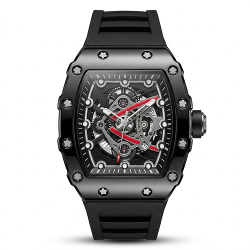 Apex Skeleton Black Edition luxury watch with black case, skeleton-style dial and black rubber strap