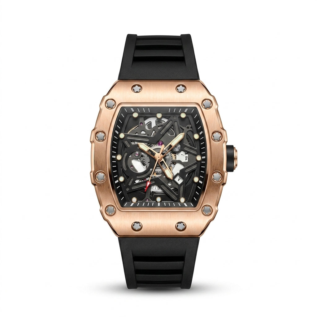Apex Skeleton Rose Gold Edition luxury watch with rose gold case, skeleton-style dial and black rubber strap