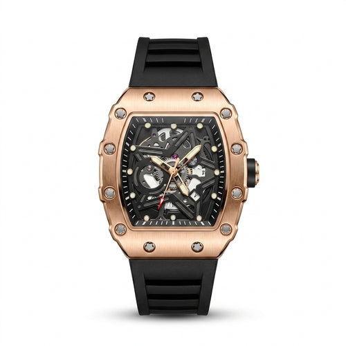 Apex Skeleton Rose Gold Edition luxury watch with rose gold case, skeleton-style dial and black rubber strap