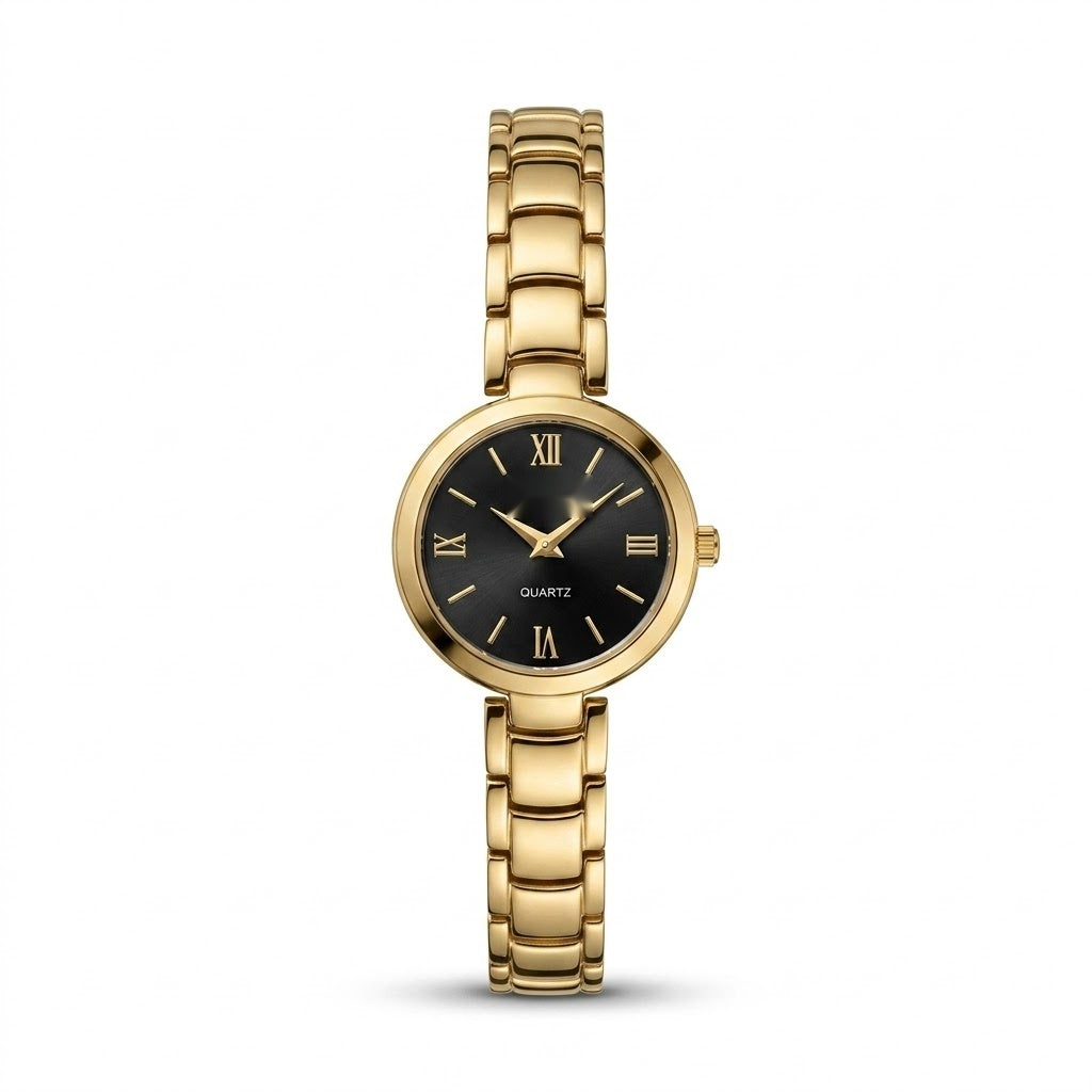 Assar Classic gold-tone watch with black dial and Roman numeral markers