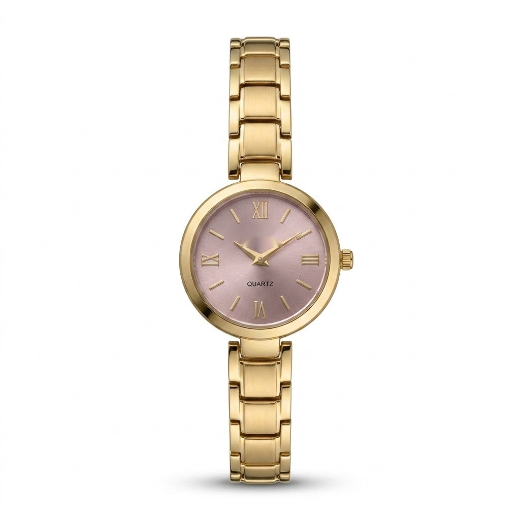 Assar Classic gold-tone watch with blush pink dial and Roman numeral markers
