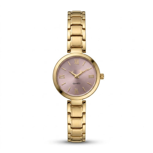 Assar Classic gold-tone watch with blush pink dial and Roman numeral markers