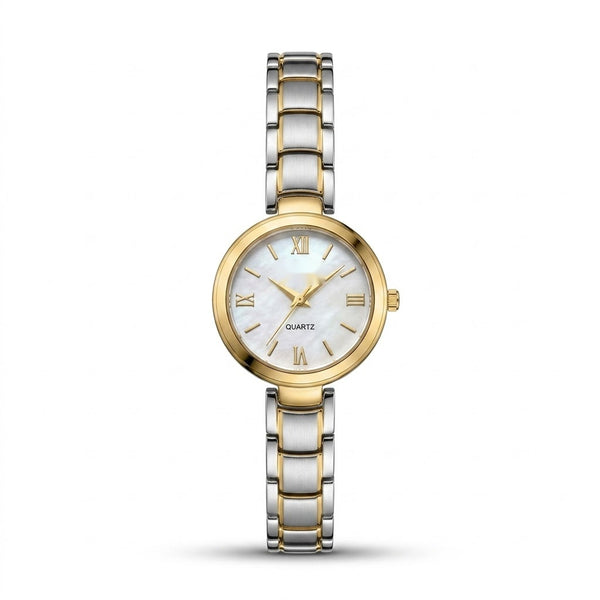 Assar Classic two-tone watch with pearl white dial and Roman numeral markers