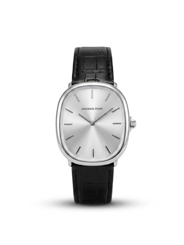 Assar Watches minimalist silver watch with black leather strap