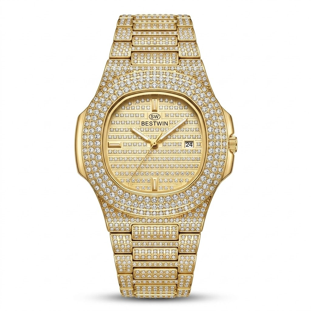 Bestwin iced gold luxury watch with crystal-set case and bracelet