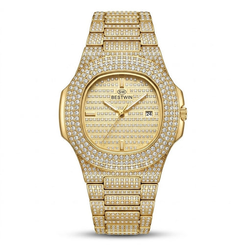 Bestwin iced gold luxury watch with crystal-set case and bracelet
