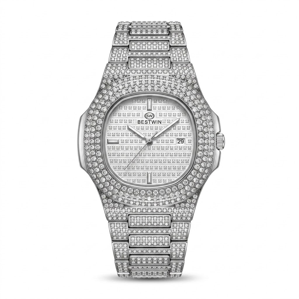 Bestwin iced silver luxury watch with crystal-set case and bracelet