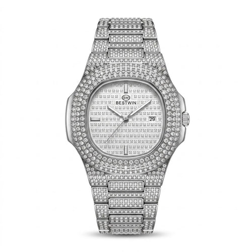 Bestwin iced silver luxury watch with crystal-set case and bracelet