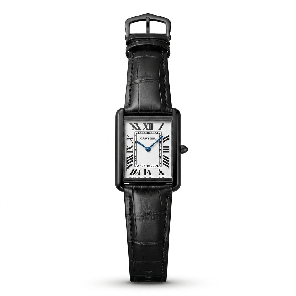 CARTIER-inspired rectangular black leather watch