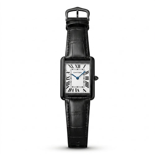 CARTIER-inspired rectangular black leather watch