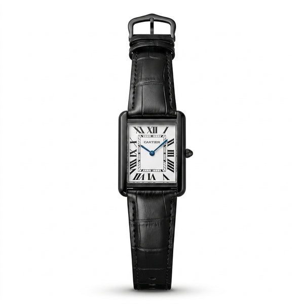 CARTIER-inspired rectangular black leather watch