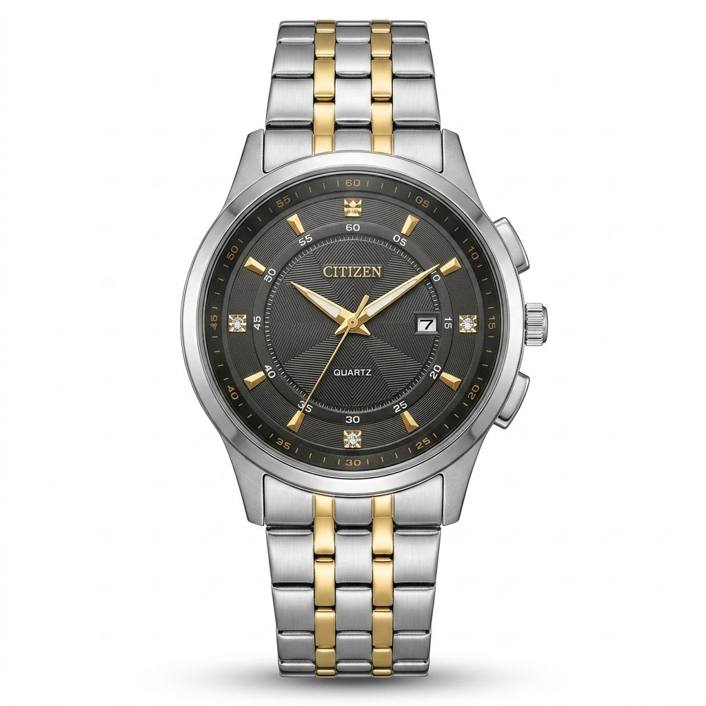 Citizen two-tone silver and gold watch with black dial and metal bracelet