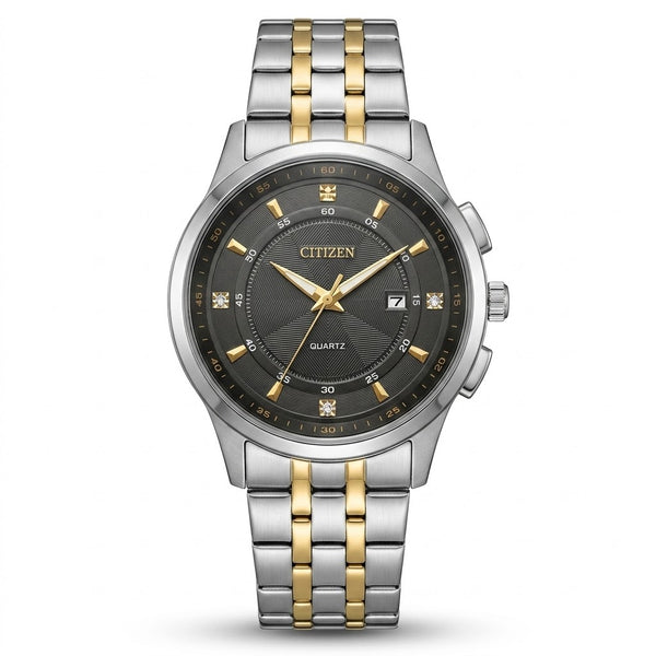 Citizen two-tone silver and gold watch with black dial and metal bracelet