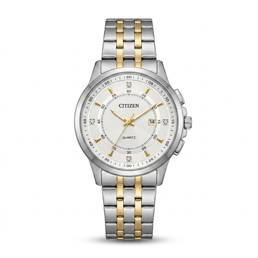 Citizen two-tone silver and gold watch with white dial and metal bracelet
