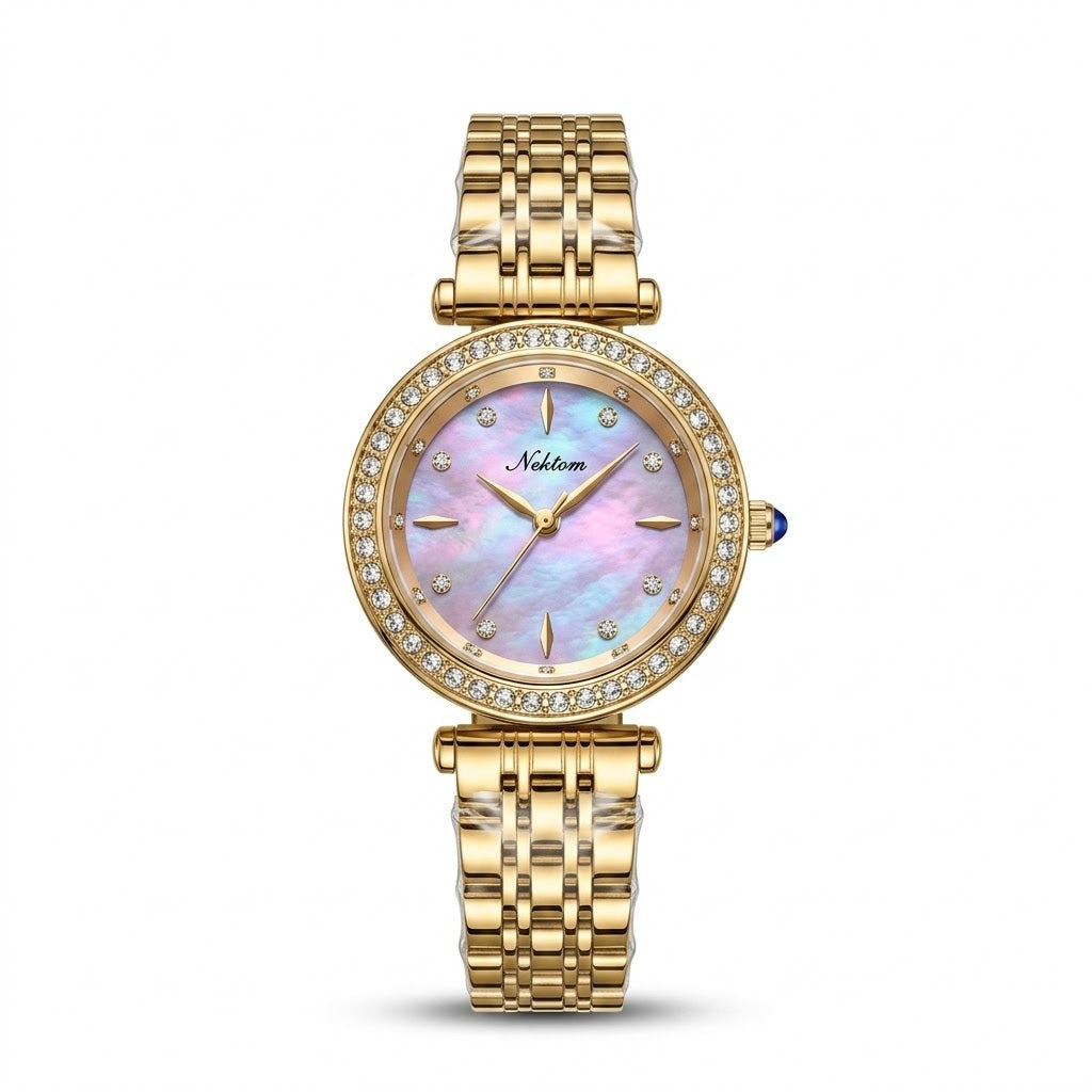 Nektom luxury gold-tone watch with mother-of-pearl dial and crystal bezel