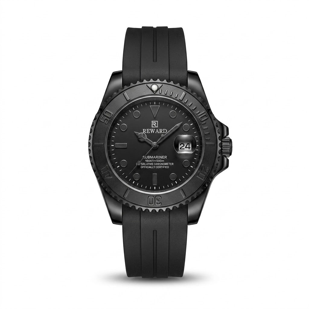 Reward black submariner-style watch with black rubber strap and date display