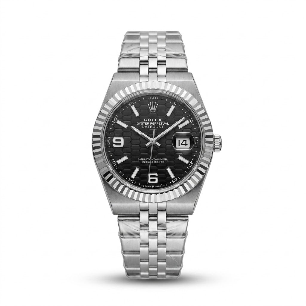 Rolex-inspired Datejust style watch with black dial and silver bracelet