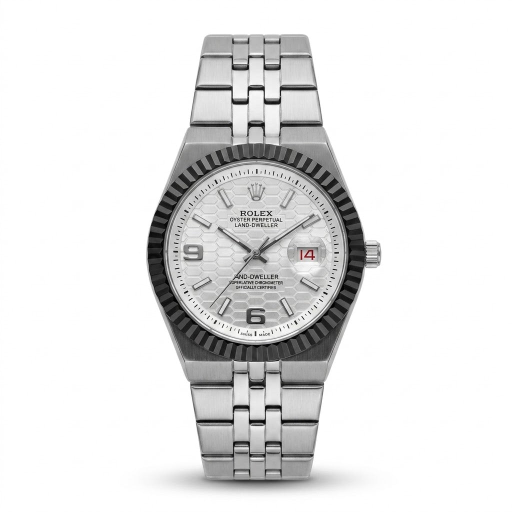 Rolex-inspired Land-Dweller style watch with white dial and black bezel