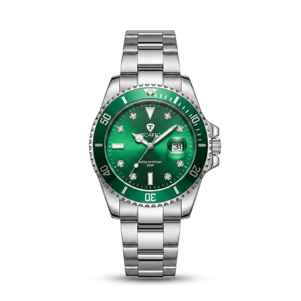 TICARTO-inspired green stainless steel luxury watch
