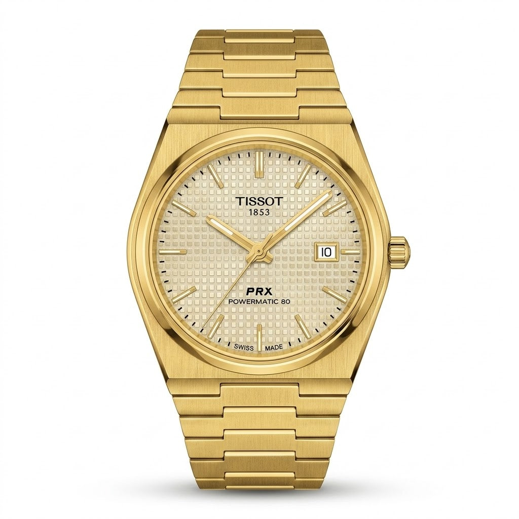 Tissot PRX gold tone watch with integrated bracelet and textured dial