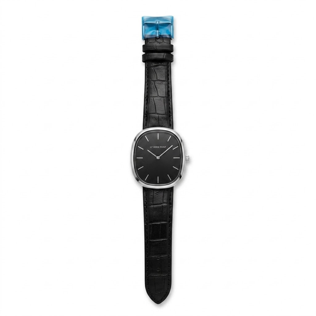 Universe Point black dial luxury watch with black leather strap