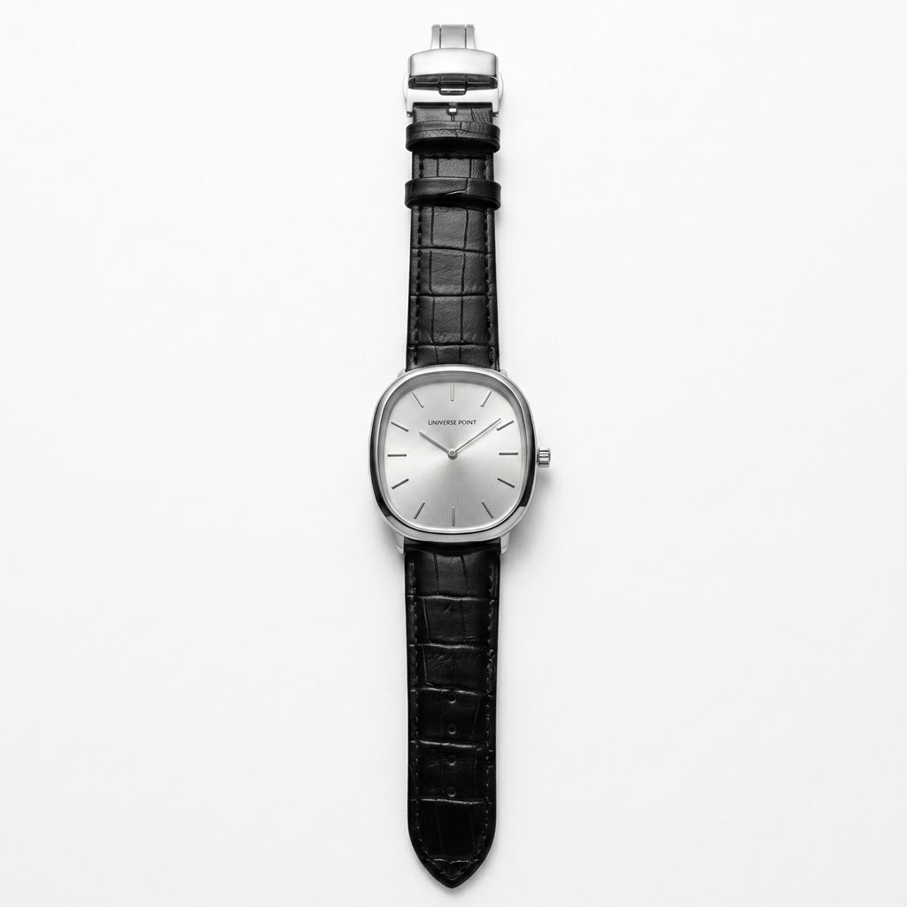 Universe Point silver dial luxury watch with black leather strap