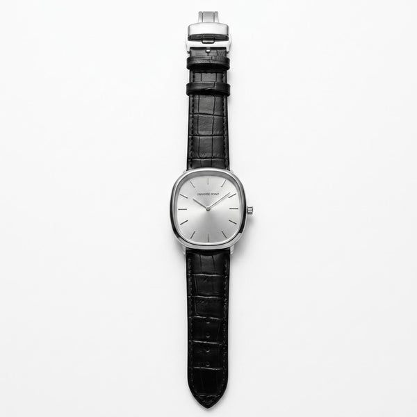 Universe Point silver dial luxury watch with black leather strap